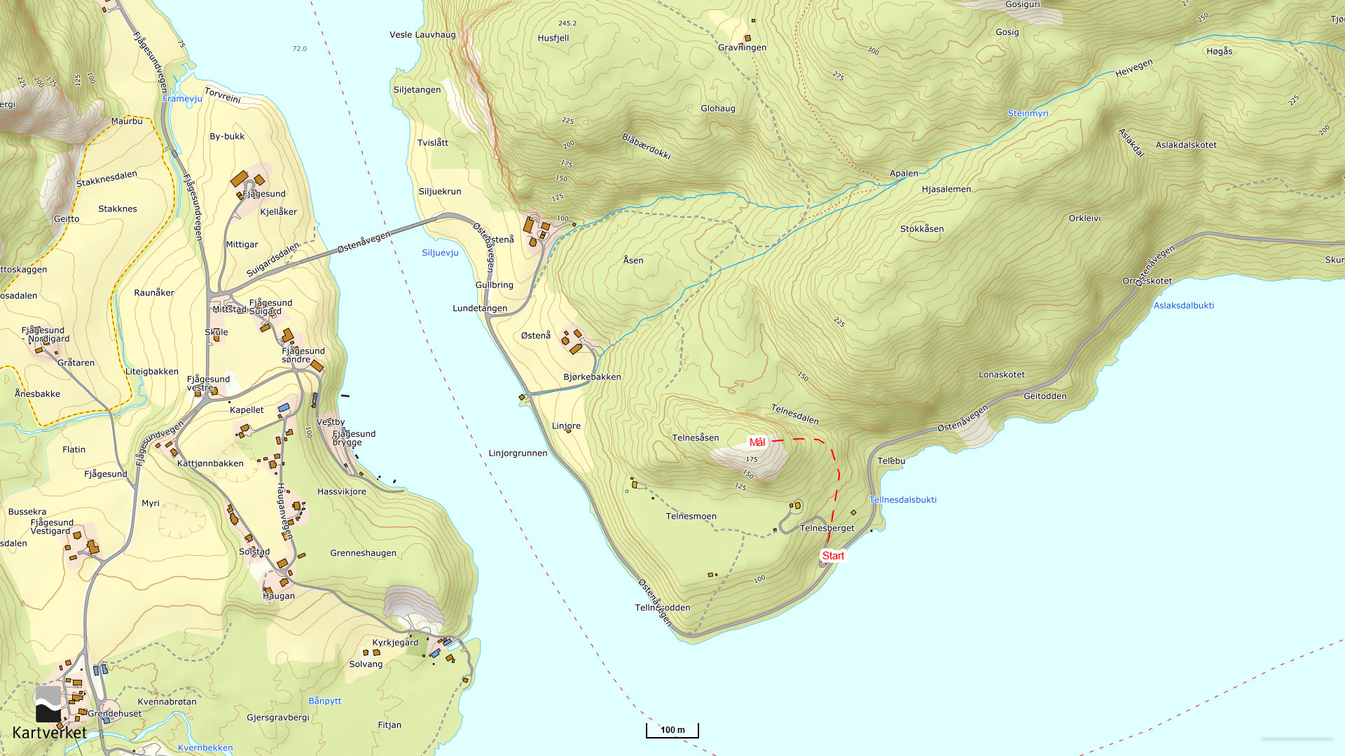 Kart av ruta til Telnesåsen