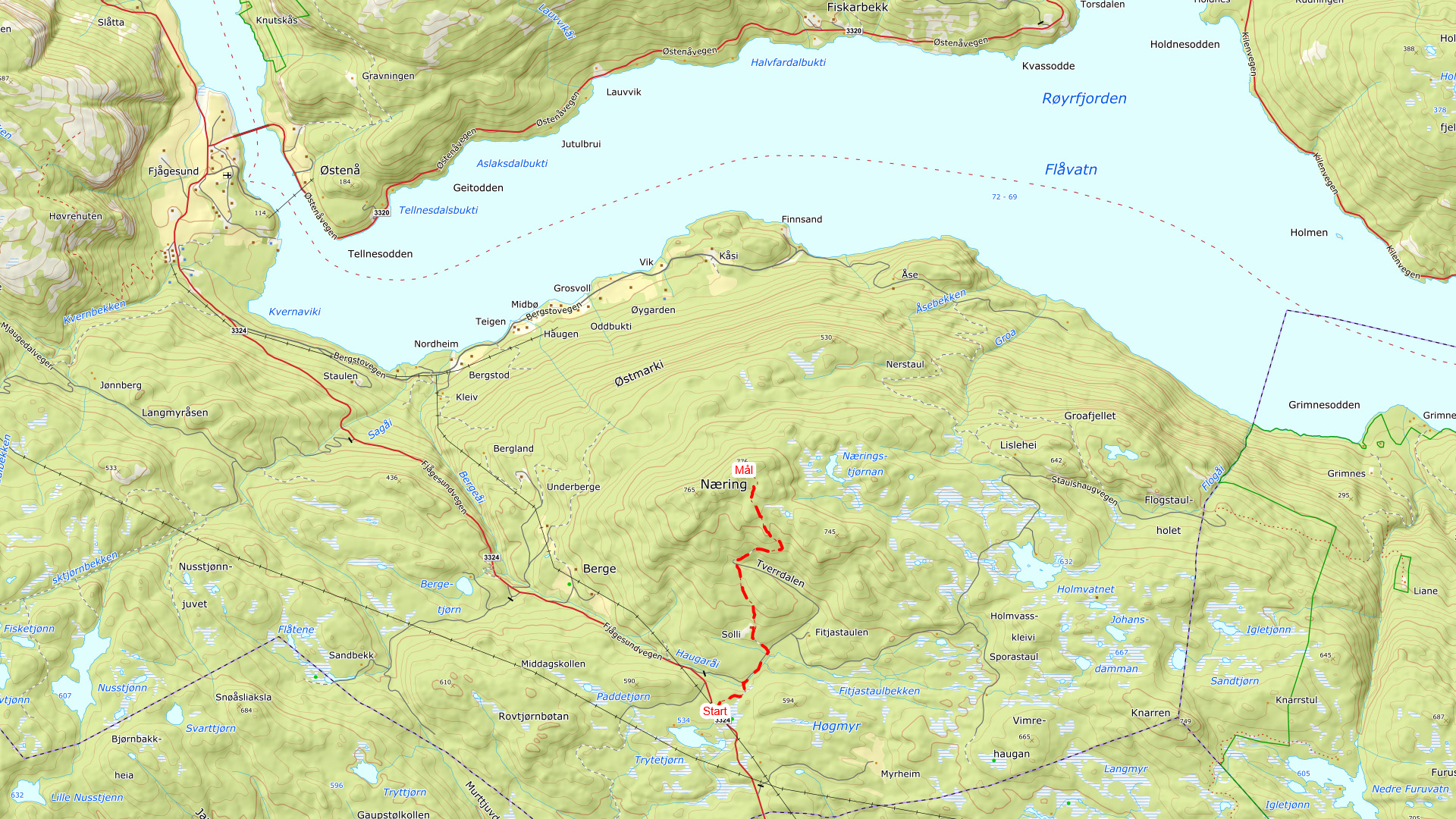 Kart av ruta til Næring