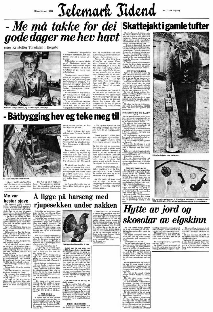 Faksimile av ein artikkel om Kristoffer Torsdalen som stod i Telemark Tidende 15. mai 1981.