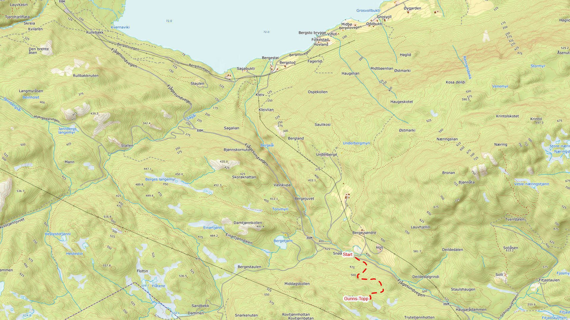 Kart over ruta til Gunns-Topp